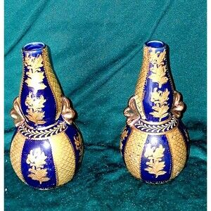 PAIR OF Vintage Satsuma Porcelein Bud Vase, 6", Cobalt Blue & Gold Handles,